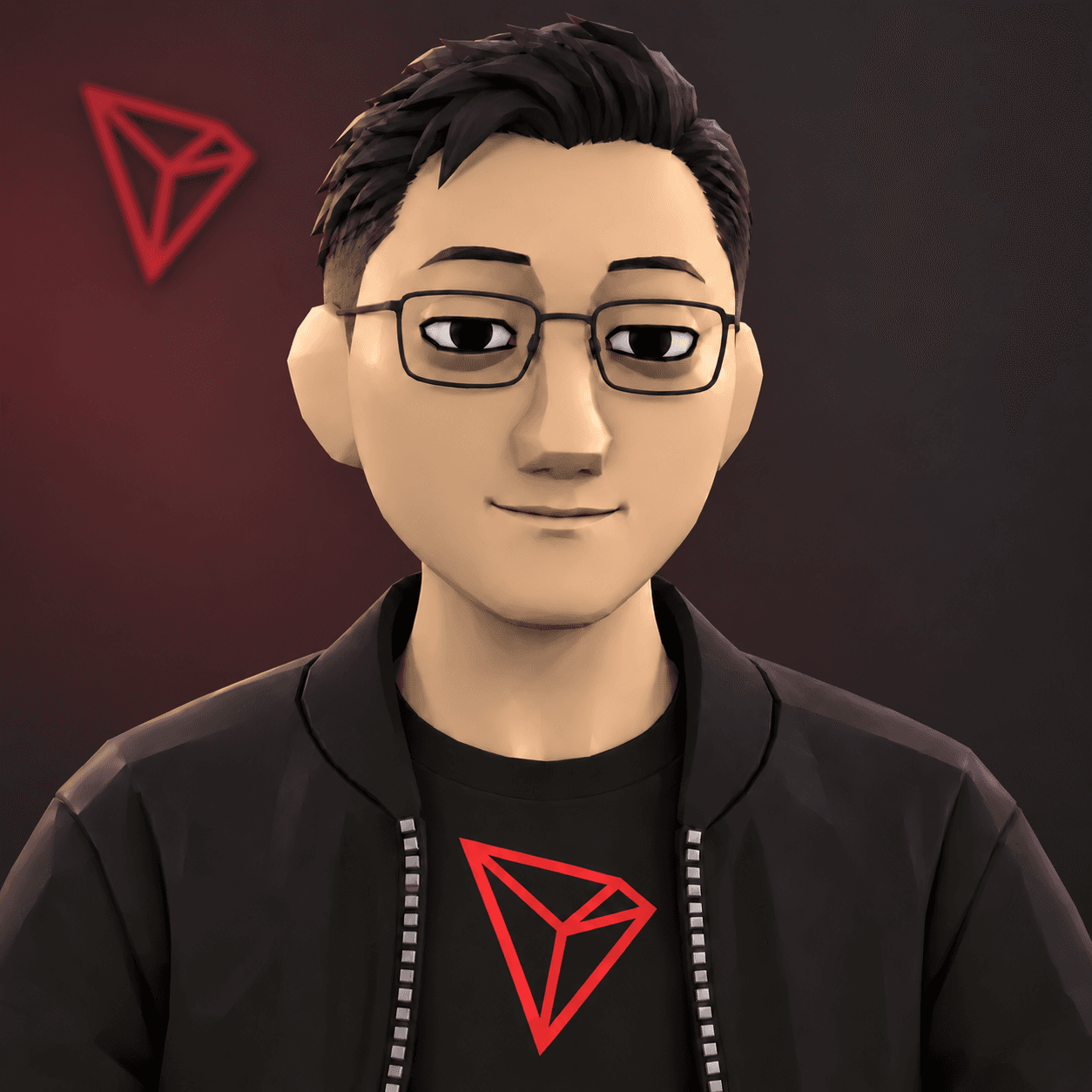 Portrait of the low-poly Justin avatar with glasses, a black bomber jacket and a red TRON-logo shirt.